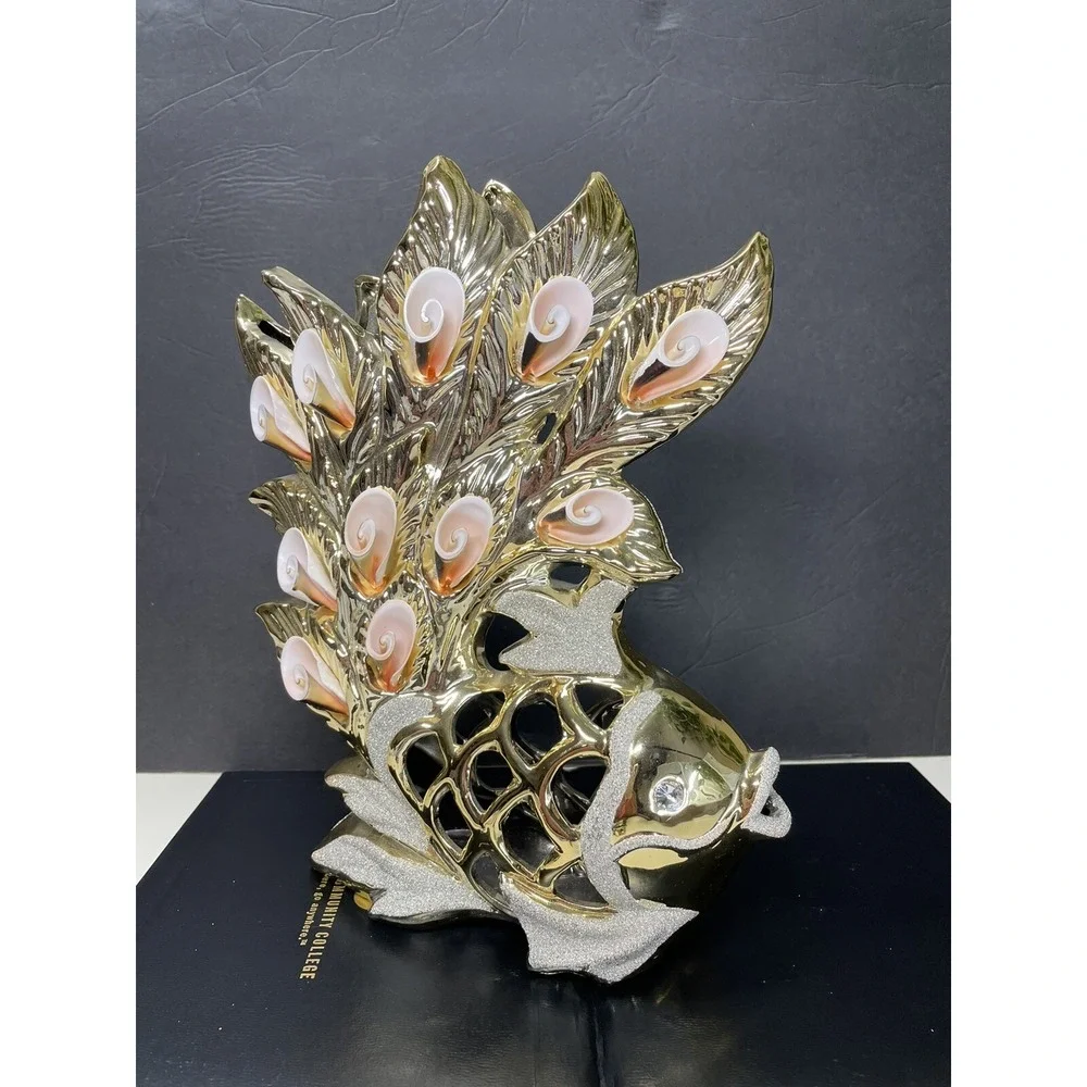 CERAMIC GOLD+SILVER SPARKLE GLITTER+PINK SHELL FISH FIGURINE,VASE-V932A  12